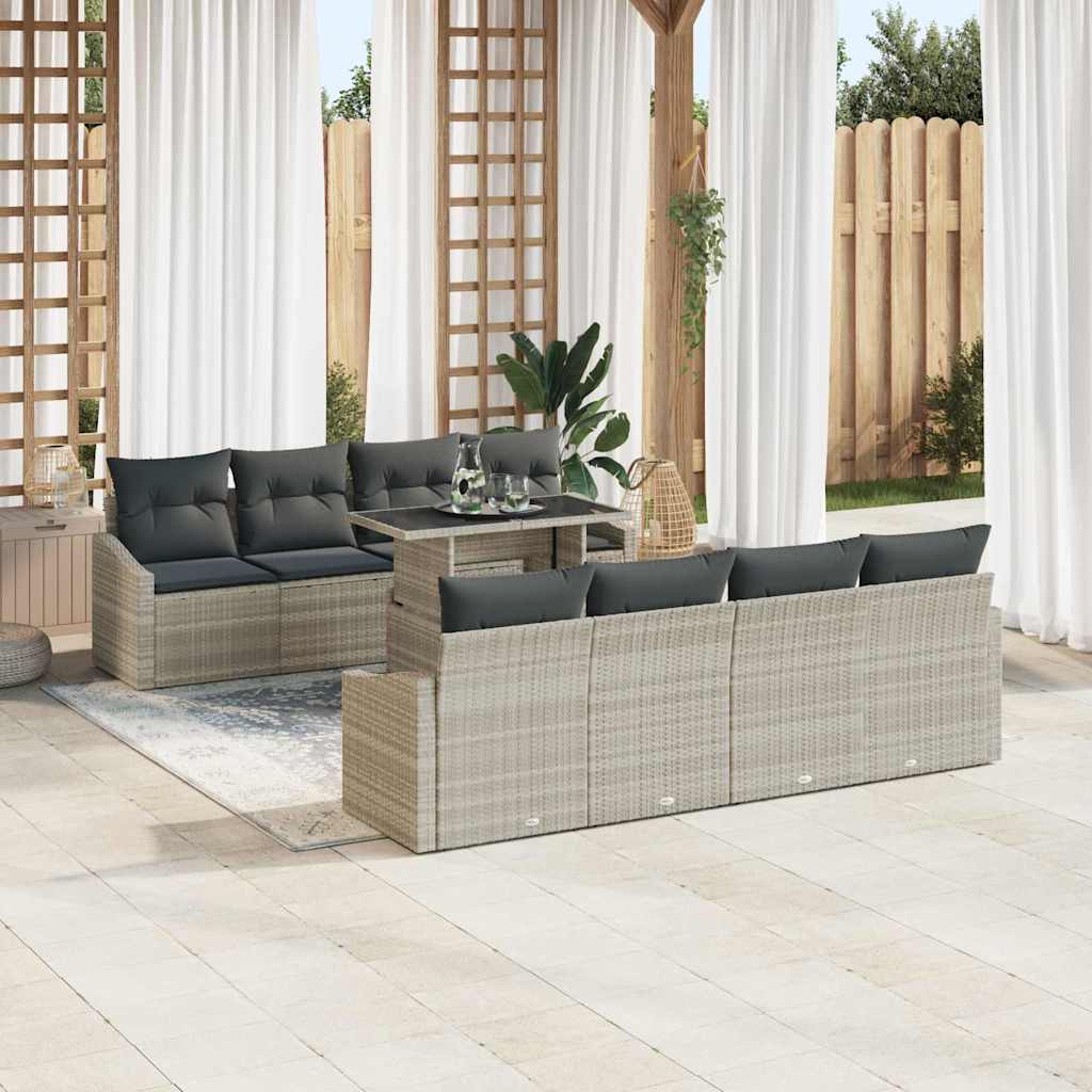 Garten-Sofa-Set mit Speicher 9 pcs Hellgrau Poly Rattan